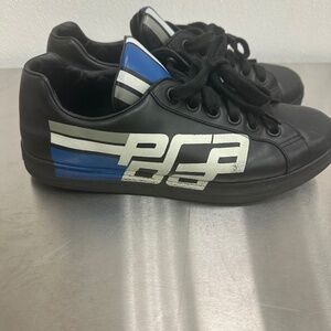 Prada Leather Low Trainer Sneakers Blue White Gray Stripes Leather Authentic sz7